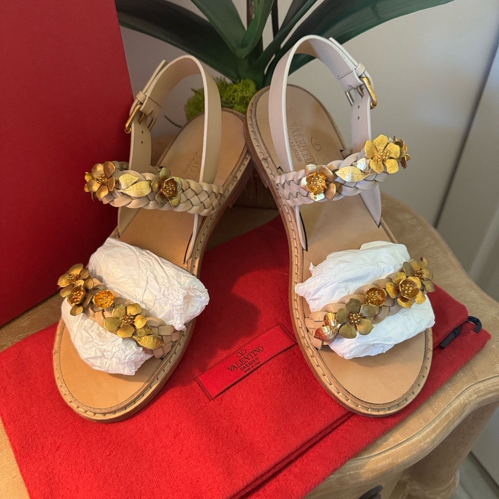 Valentino Garavani Tan Leather  Strap Sandals with Gold Metal Floral Detail